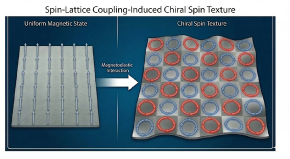 KAIST 연구팀이 초저전력 정보소자 개발 가능성을 제시했다. 격자(원자 배열)와 스핀의 상호작용으로 생긴 비대칭적인 스핀 배열. [사진=KAIST]