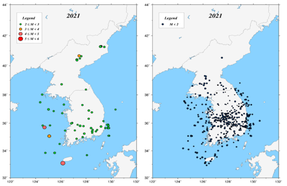 2021년 규모 2.0 이상(왼쪽)과 규모 2.0 미만(오른쪽) 지진 발생 분포도. [사진=기상청]