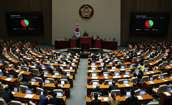 6일 오후 서울 여의도 국회 본회의장에서 열린 제410회국회(정기회) 제9차 본회의에서 이균용 대법원장 임명동의안이 재적 298인, 총투표수 295표, 가 118표, 부 175표, 기권 2표로 부결되고 있다. [사진=뉴시스]