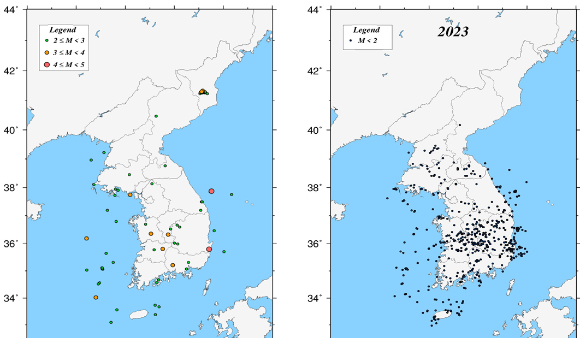 2023년 우리나라 지진 발생 분포도(왼쪽: 규모 2.0 이상, 오른쪽: 규모 2.0 미만). [사진=기상청]
