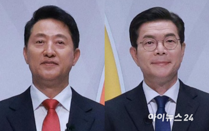 28일 오후 서울 마포구 SBS프리즘타워에서 열린 제9회 전국동시지방선거 2026 서울특별시장선거 후보자 토론회에서 참석한 정원오 더불어민주당 서울시장 후보(오른쪽), 오세훈 국민의힘 서울시장 후보. [사진=정소희 기자]