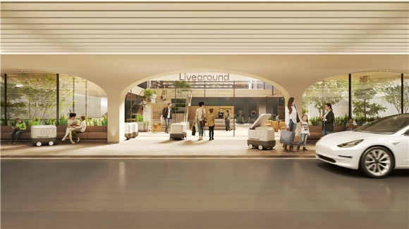 롯데건설과 인테그가 공동 연구&middot;개발한 '라이브그라운드(LIVEGROUND)' 미래형 커뮤니티 허브 '웰컴콘코스(Welcome Concourse)' 투시도. [사진=롯데건설]