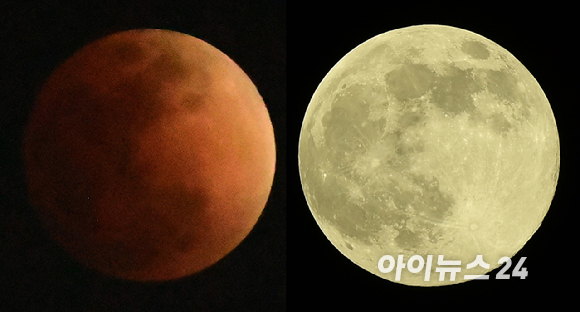 3일 저녁 경기도 고양시 하늘 위로 '개기월식' 붉은 빛 보름달이 떠오르고 있다. 오른쪽은 지난해 11월 밤하늘에 떠오른 '슈퍼문'의 모습. [사진=정소희 기자]