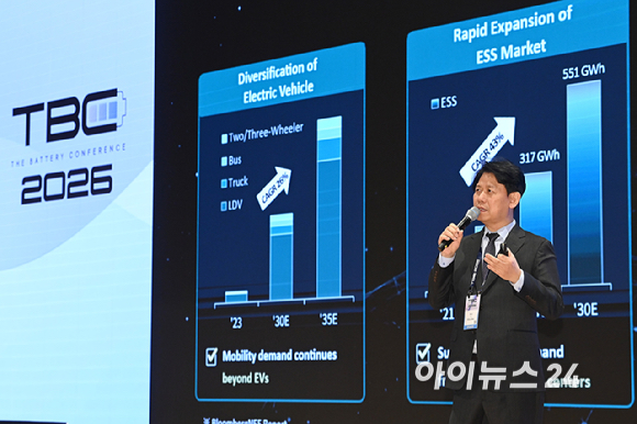 박기수 SK온 CTO가 11일 서울 강남구 코엑스에서 열린 더 배터리 컨퍼런스에서 강연을 하고 있다. [사진=곽영래 기자]