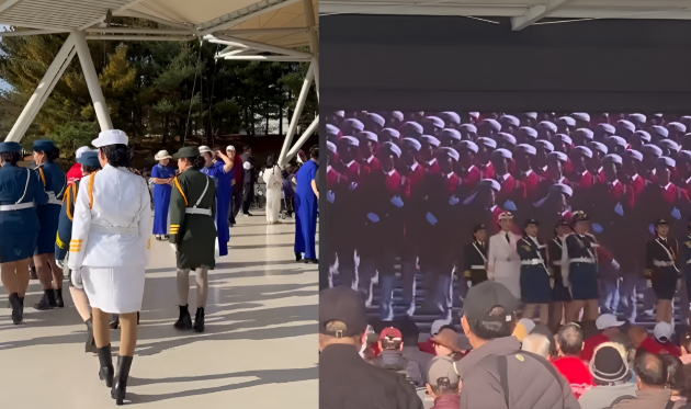 서울 한복판 한강공원에서 군복을 입은 중국인들이 행진곡에 맞춰 제식 행진을 하는 모습이 포착돼 논란이 일었다. 사진은 해당 영상 갈무리. [사진=더우인]