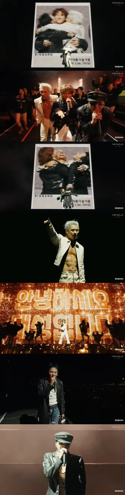 그룹 빅뱅이 12일(현지시간) 미국 캘리포니아 인디오에서 열린 '코첼라 밸리 뮤직 앤드 아츠 페스티벌' 무대에 올라 퍼포먼스를 선보이고 있다. [사진=코첼라 공식 유튜브]