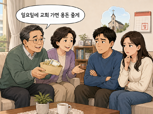 일요일에 교회를 가면 용돈을 주겠다는 시부모님으로 인해 고민에 빠진 부부의 사연이 알려졌다. 그림은 챗GPT로 생성한 인공지능(AI) 이미지. [사진=챗GPT]