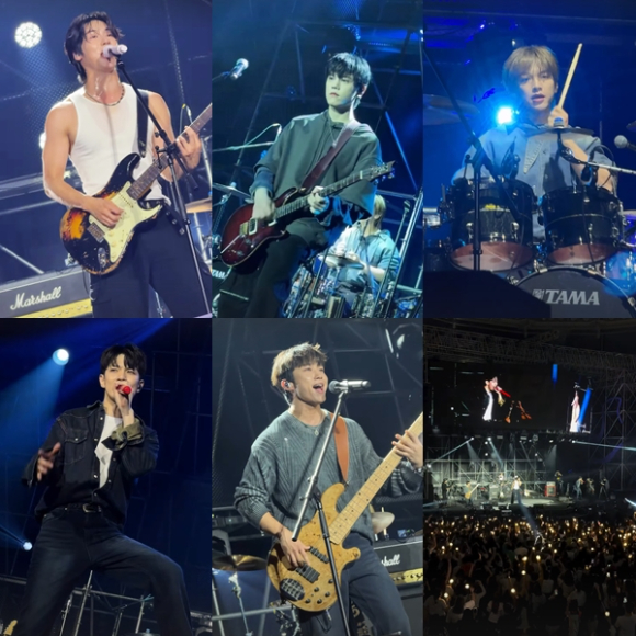 밴드 엔플라잉(서동성, 김재현, 이승협, 유회승, 차훈)이 '그랜드 민트 페스티벌 2025'(GMF 2025)에서 포즈를 취하고 있다. [사진=FNC엔터테인먼트]