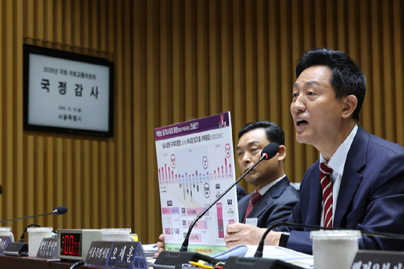 오세훈 서울시장이 19일 서울시청에서 열린 국회 국토교통위원회 국정감사에서 위원 질의에 답하고 있다. [사진=연합뉴스]