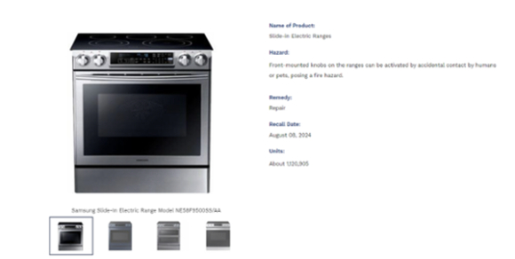 리콜 대상 삼성전자 전기레인지 모델. [사진=CPSC 홈페이지 캡처]