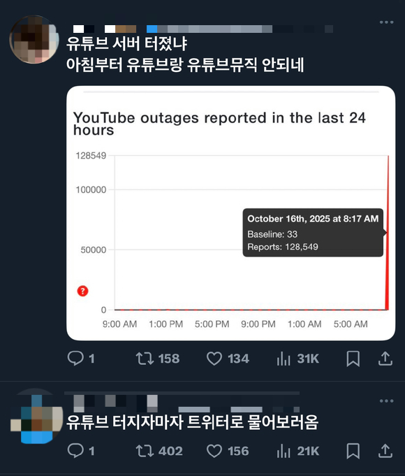 유튜브와 유튜브 뮤직 서비스에 접속 장애가 발생하면서 이용자들의 불만이 터져 나왔다. 사진은 유튜브 오류 갈무리. [사진=유튜브 갈무리]