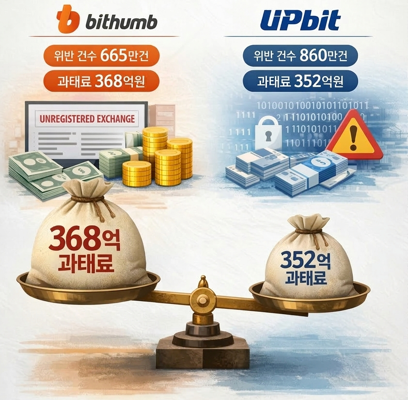 빗썸&middot;두나무 특금법 위반 건수 및 과태료 제재 비교. [사진=챗GPT, 제미나이]