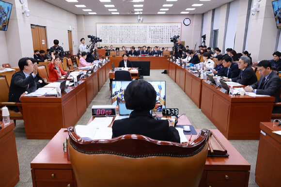 지난 18일 국회 법제사법위원회 전체회의에서 국민의힘 나경원 의원 등 법사위원들이 정보통신망법 개정안 등에 관한 대체토론 발언권을 얻기 위해 손을 들고 있다. [사진=연합뉴스]