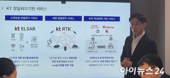 KT 기술혁신부문 IT Ops본부 공통/서비스플랫폼담당 임종길 상무가 KT의 정밀 측위 기술 현황을 설명하고 있다. [사진=서효빈 기자]