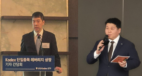 26일 각각 개최한 단일종목 레버리지 상품 간담회에서 발표 중인 임태혁 삼성자산운용 ETF운용본부장(왼쪽)과 이정환 미래에셋자산운용 ETF운용부문 상무 [사진=성진우 기자 ]