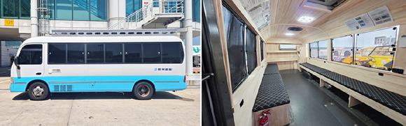 한국공항이 설치한 버스형 이동식 휴게시설 외관과 내부 모습. [사진=한국공항]