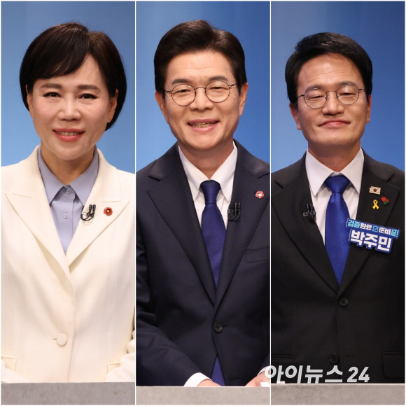 더불어민주당 전현희, 정원오, 박주민 서울시장 예비후보가 3일 서울 여의도 KBS 스튜디오에서 열린 더불어민주당 서울시장 본경선 후보자 2차 합동토론회에서 토론을 준비하고 있다. [사진=국회사진기자단]