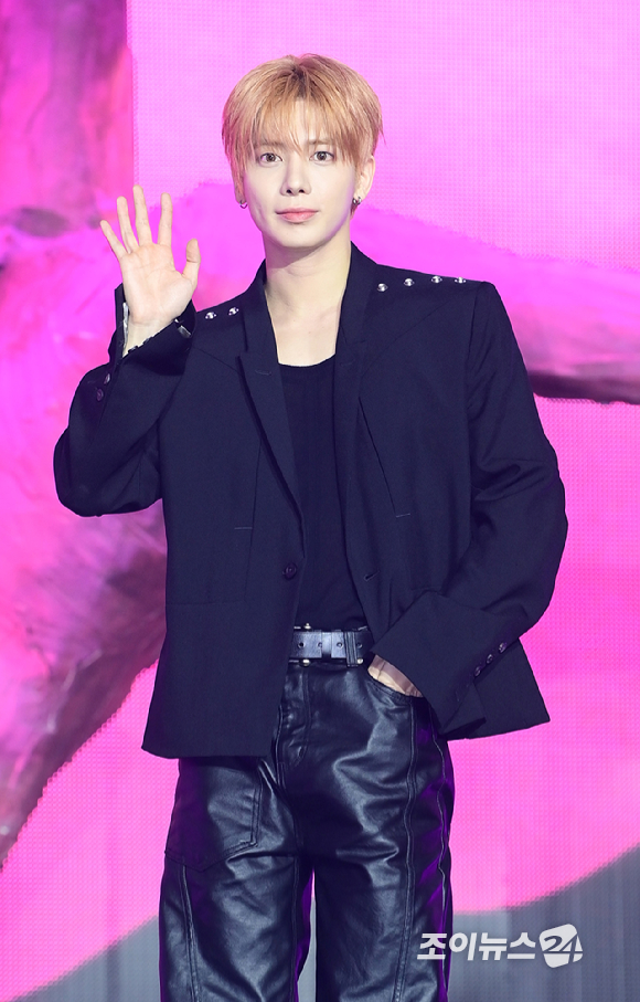 그룹 투모로우바이투게더 태현이 13일 오후 서울시 성북구 안암동 고려대학교 화정체육관에서 열린 투모로우바이투게더(TOMORROW X TOGETHER, TXT) 미니 8집 '7TH YEAR: 가시덤불에 잠시 바람이 멈췄을 때' 발매 기념 쇼케이스에 참석하고 있다. [사진=정소희 기자]