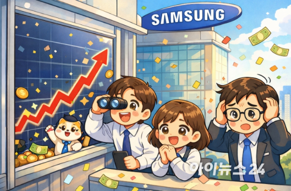 주가 상승을 바라보는 삼성전자 직원들을 그린 그림. [사진=챗GPT]