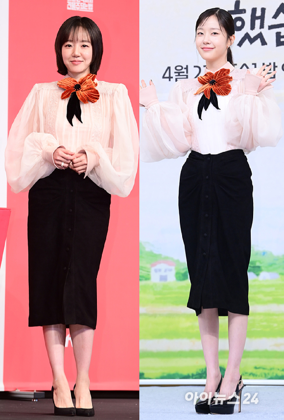 배우 임수정과 채원빈이 같은 옷을 입고 우아한 매력을 뽐냈다. 왼쪽 사진은 지난 3월 9일 열린 tvN 새 토일드라마 '대한민국에서 건물주 되는 법' 제작발표회에 참석한 임수정의 모습. 오른쪽은 15일 열린 SBS 새 수목드라마 '오늘도 매진했습니다' 제작발표회에 참석한 채원빈의 모습. [사진=정소희 기자]