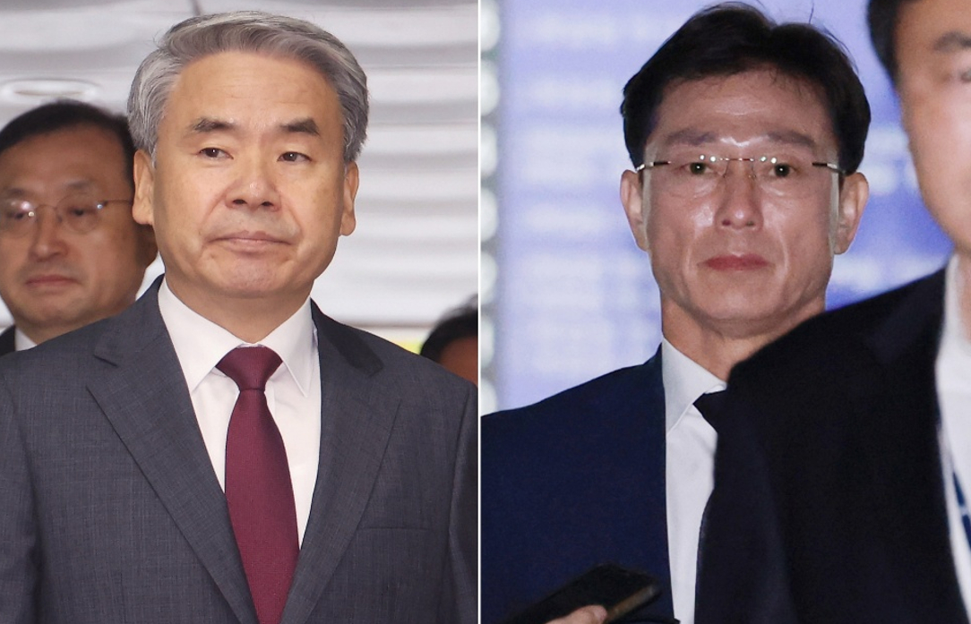 23일 영장실질심사에 출석하기 위해 서울법원종합청사에 도착한 이종섭 전 국방부장관(왼쪽)과 임성근 전 해병1사단장 [사진=연합뉴스]