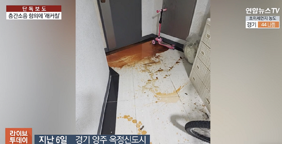 층간 소음에 항의한 이웃집 출입문에 액젓과 고양이 분뇨 등을 뿌리고 래커칠까지 한 40대 여성이 피해자 접근 금지 명령을 받았다. 사진은 보복 피해를 입은 현관문. [사진=연합뉴스TV]