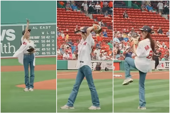 하지원이 지난 22일(현지시간) 오후 1시 미국 매사추세츠주 보스턴의 펜웨이 파크(Fenway Park)에서 시구를 하고 있다. [사진=메이저리그(MLB) 공식 유튜브, 해와달엔터테인먼트]
