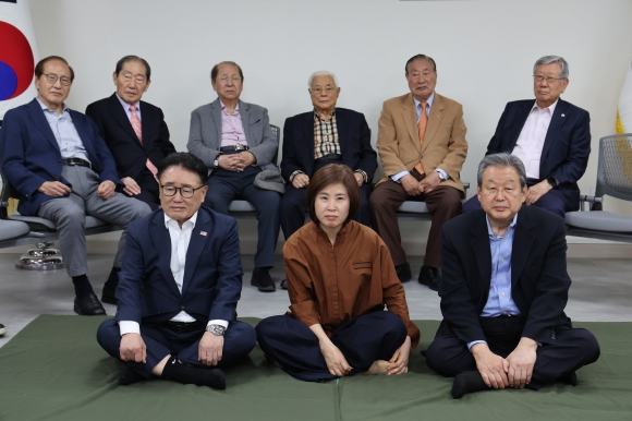 김무성 전 새누리당(국민의힘 전신) 대표를 비롯한 국민의힘 상임고문단과 김미애 의원이 7일 서울 여의도 당사에서 대선후보 단일화를 촉구하며 단식농성을 하고 있다. 앞줄 왼쪽부터 유준상 상임고문·김미애 의원·김무성 상임고문·뒷줄 왼쪽부터 신경식·김동욱·김종하·목요상·권해옥·유흥수 고문. 2025.5.7. [사진=국민의힘]
