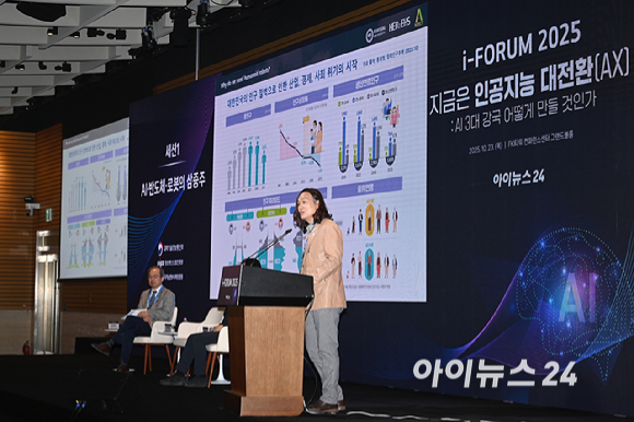 AI 3대 강국 어떻게 만들 것인가’라는 주제로 23일 서울 여의도 FKI타워에서 열렸다. 한재권 한양대학교 ERICA캠퍼스 로봇공학과 부교수가 AI·반도체·로봇의 삼중주라는 주제로 발표를 하고 있다. [사진=곽영래 기자]