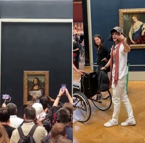 한 남성이 '모나리자'를 향해 케이크를 던졌다. [사진='lukeXC2002' 트위터 영상 캡처]