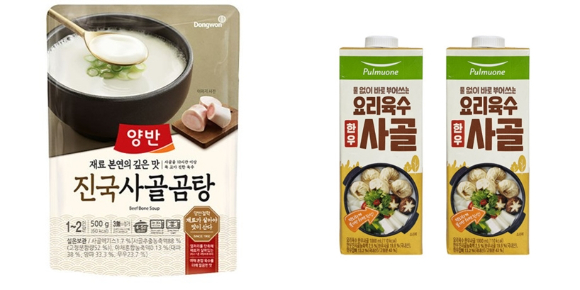 (왼쪽) 동원F&B '양반 진국 사골곰탕'과 풀무원 '요리육수 한우사골' 제품 이미지. [사진=각 사]