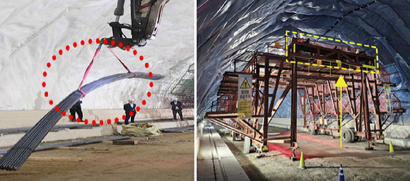 기존에 터널공사 현장에서 중장비를 이용해 자재를 옮기는 모습(왼쪽)과 롯데건설 터널공사 현장에서 작업대차에 설치한 양중리프트를 이용해 자재를 옮기는 모습(오른쪽). [사진=롯데건설]