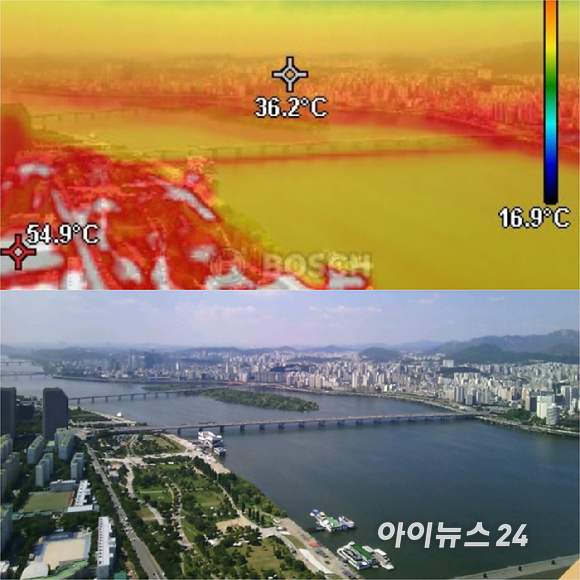 전국적으로 폭염이 이어지는 6일 서울 여의도 63빌딩에서 열화상카메라로 바라본 서울 시내 모습. 온도가 높을수록 붉은색, 낮을수록 푸른색으로 표시된다. [사진=곽영래 기자]