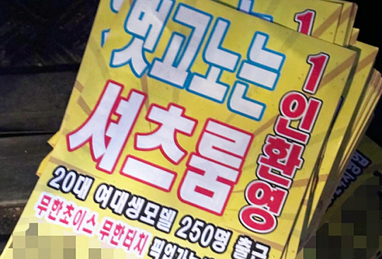 서울 강남 한복판에 '벗고 노는 셔츠룸' 등의 내용이 담긴 불법 전단지 수십만장 유포한 일당이 경찰에 붙잡혔다. 사진은 강남구 일대에 뿌려진 불법 전단지. [사진=서울경찰청]