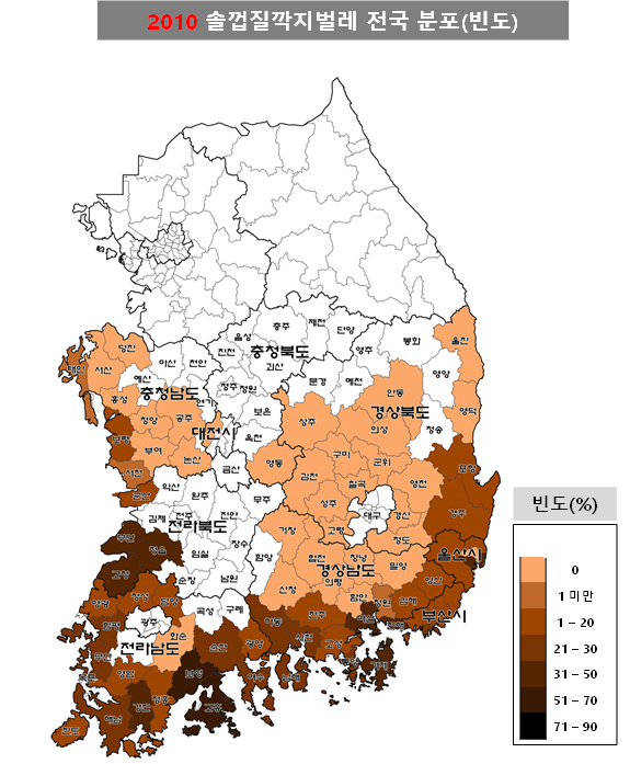 솔껍질깍지벌레 전국분포(빈도) [사진=한국임업진흥원]