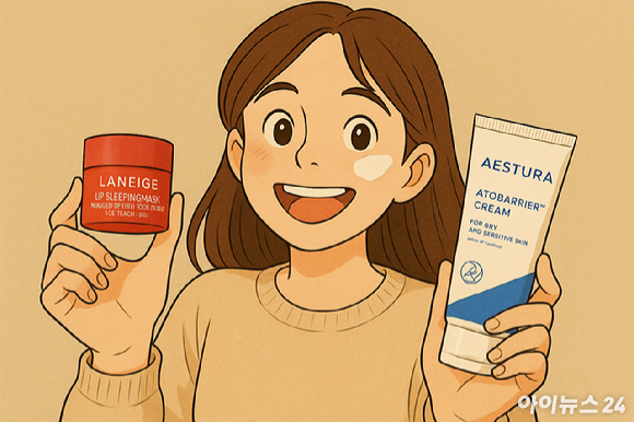 외국인 여성이 에스트라 제품과 라네즈 립슬리핑마스크를 바르는 모습. [사진=챗GPT]