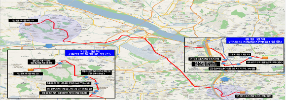 인천 서구 검단초~서울 구로디지털단지역 직행 노선도 및 주요 정류장 [사진=인천시]