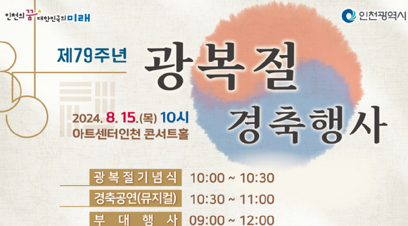 인천광역시는 오는 15일 아트센터인천 콘서트홀에서 제79주년 광복절 경축 행사를 개최한다. [사진=인천시]