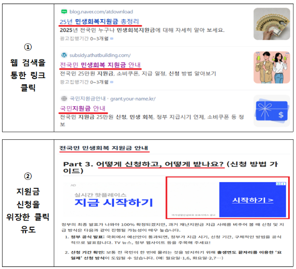 민생회복지원금 사칭 이용자 유도 경로 예시. [사진=방통위]