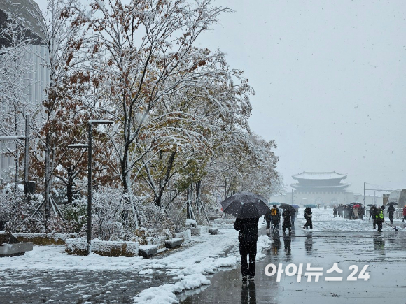 함박눈이 내린 27일 서울 광화문 광장 앞을 시민들이 지나고 있다. [사진=김다운 기자]