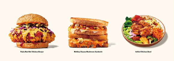 소싯 대표 메뉴 (왼쪽부터)트리플레드핫치킨버거, 멜팅치즈머쉬룸샌드위치, 그릴드치킨보울. [사진=교촌에프앤비]