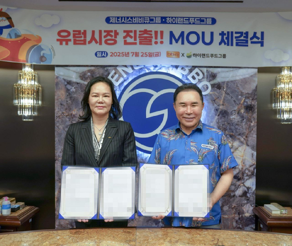 윤홍근(오른쪽) BBQ 회장이 유통·가공 전문기업 하이랜드푸드그룹 관계자와 유럽 시장 진출을 위한 전략적 업무협약(MOU)을 체결했다. [사진=BBQ]