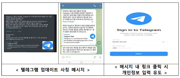 텔레그램 업데이트 사칭 메시지 및 개인정보 입력 유도 사례 [사진=KISA]