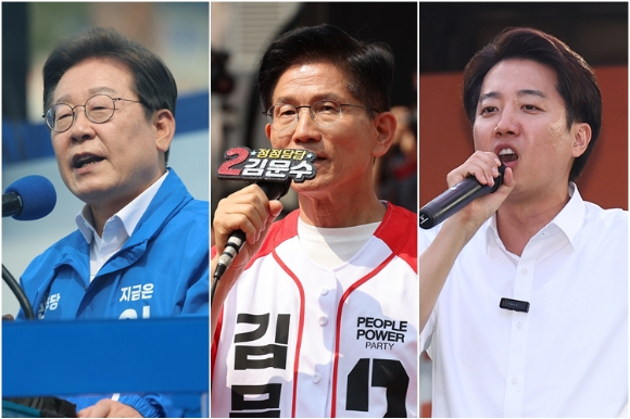 유세하며 지지 호소하는 이재명(왼쪽부터)-김문수-이준석 대선후보 [사진=연합뉴스]