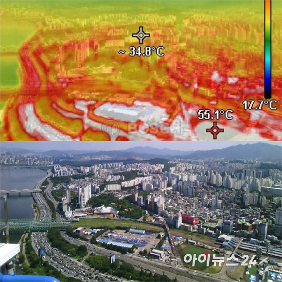 전국적으로 폭염이 이어지는 6일 서울 여의도 63빌딩에서 열화상카메라로 바라본 서울 시내 모습. 온도가 높을수록 붉은색, 낮을수록 푸른색으로 표시된다. [사진=곽영래 기자]