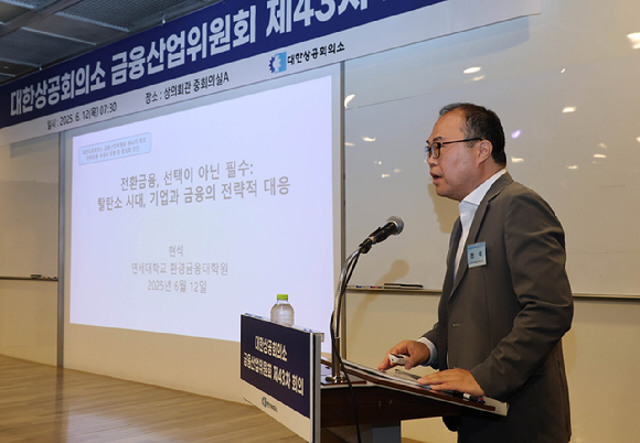 현석 연세대 교수가 12일 진행된 금융산업위원회 제43차 전체회의에서 '전환금융 국내외 동향 및 활성화 방안'이라는 주제로 강연을 하고 있다. [사진=대한상의]