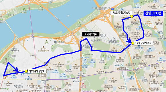 출근 시간 맞춤버스(다람쥐버스) 8333번 노선도. [사진=강동구]