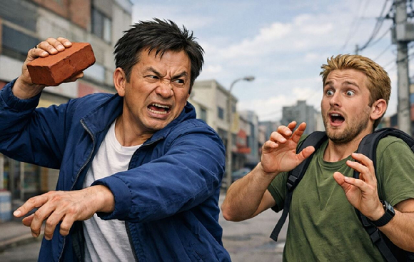 설 연휴 기간 한국을 찾은 외국인 관광객에게 벽돌을 던진 50대가 경찰에 붙잡혔다. 본 기사와 무관한, AI 생성 이미지. [사진=AI 생성 이미지]