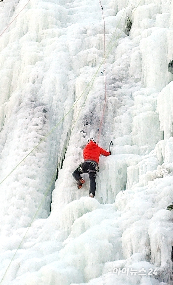 4일 오전 강원도 인제군 용대리 매바위 빙장에서 클라이머들이 빙벽등반을 즐기고 있다. [사진=정소희 기자]