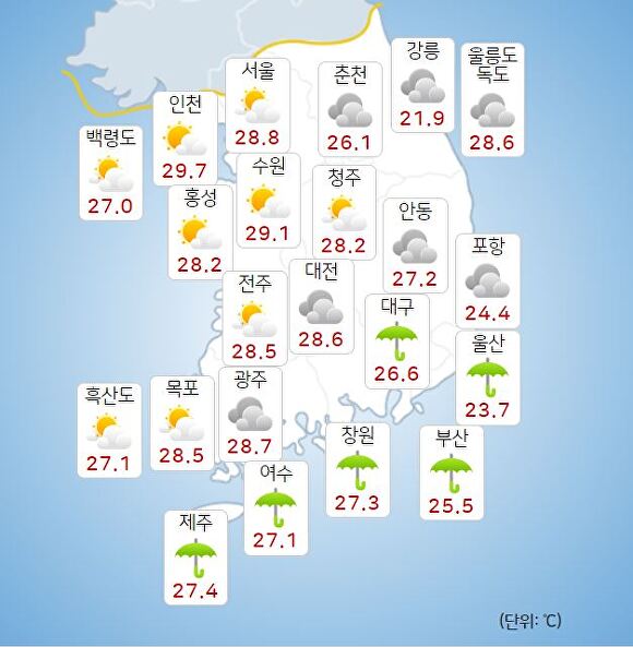 9일 오전 9시 현재 전국 날씨. [사진=기상청 날씨누리]